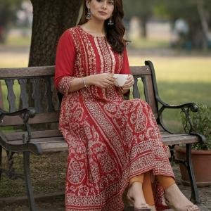 Handmade Red Cotton Anarkali Long Dress | Ethnic Printed Flared Kurti with 3/4 Sleeve | Comfortable Casual & Festive Wear