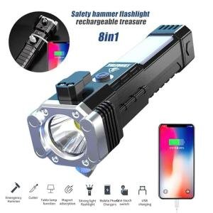 8-in-1 Rechargeable LED Flashlight Torch with Safety Hammer & Power Bank | Mini Projector Headlight