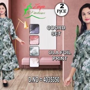 Zoya Fashion Women Printed Coord Set | 2 Piece Kurti & Pant Set | Ola Foil Floral Print | Regular Fit.