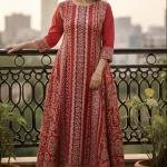 Handmade Red Cotton Anarkali Long Dress | Ethnic Printed Flared Kurti with 3/4 Sleeve | Comfortable Casual & Festive Wear