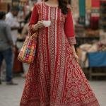Handmade Red Cotton Anarkali Long Dress | Ethnic Printed Flared Kurti with 3/4 Sleeve | Comfortable Casual & Festive Wear