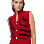 Handmade Woolen Sleeveless Sweater for Girls | Red & Black Striped | V-Neck Button Style | Winter Wear