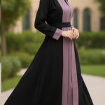 Women’s Elegant Abaya Dress with Belt | Full Length Modest Islamic Wear | Contrast Panel Design | Comfortable Daily & Occasion Wear