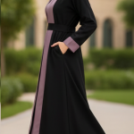 Women’s Elegant Abaya Dress with Belt | Full Length Modest Islamic Wear | Contrast Panel Design | Comfortable Daily & Occasion Wear
