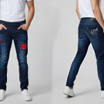 Men's Slim Fit Jogger Style Jeans - Dark Indigo Wash with Red '86' Streetwear Patch and Designer Back Pockets