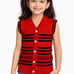 Handmade Woolen Sleeveless Sweater for Kids (3–6 Years) | Red & Black Striped | Button Front | Winter Wear