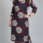 Women's Cotton Printed A-Line Kurta with Trousers Set, Floral Leaf Pattern, Blue & Pink