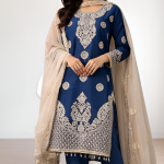 Women’s Royal Blue Embroidered Kurta Pant Set with Dupatta | Ethnic Festive Wear | Soft Georgette Fabric