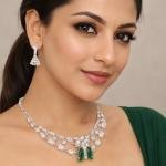 Elegant White Crystal Necklace Set with Green Stone Pendant & Stud Earrings